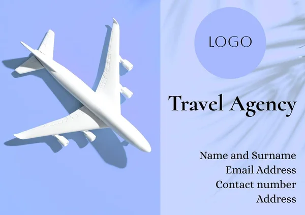 Composite of toy airplane and logo, travel agency, name, surname, address, contact and email details. Copy space, business card, brochure, identity, template, design and marketing concept.