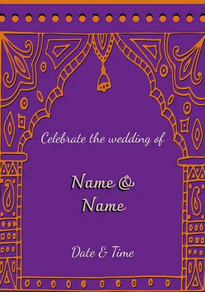 在紫色背景下 婚宴邀请书的构成要比印第安图案更富色彩 印度婚宴邀请函 庆典和印度传统概念数字生成的图像 — 图库照片