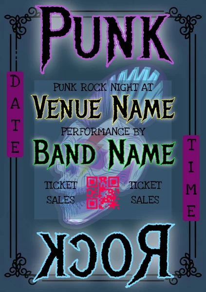 Composite of punk rock night at venue name, performance by band name, ticket sales over pattern. Date, time, rock band, music festival, art, event, poster, advertisement, template and design.