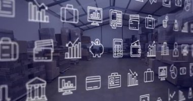 Depodaki karton kutuların üzerinde birden fazla simge canlandırması. Dijital bileşik, çoklu pozlama, rapor, iş, bankacılık, eğitim, finans, nakliye ve dağıtım kavramı.