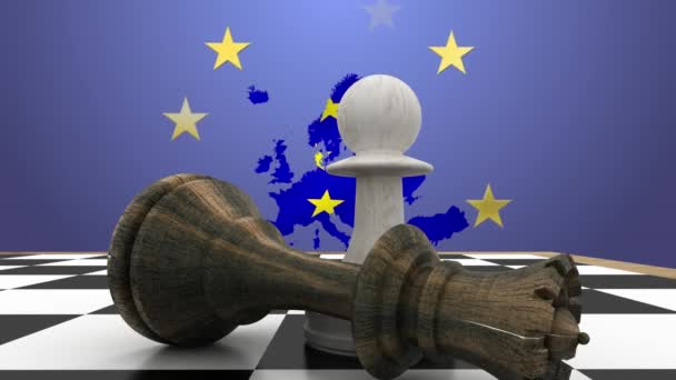 Satranç Tahtasında Piyon Olan Vezirin Haritada Avrupa Birliği Bayrağında Yakın — Stok video