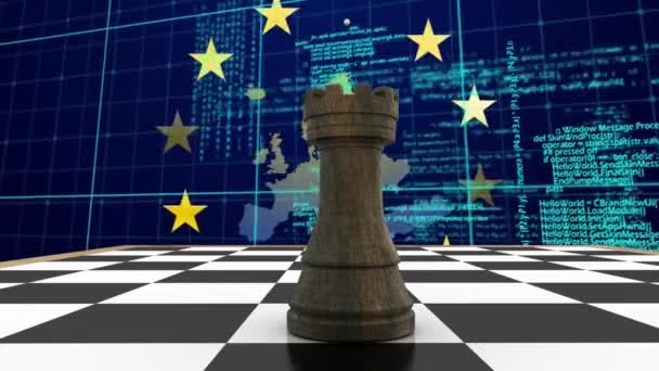 Animação Torre Tabuleiro Xadrez Bandeira União Europeia Linguagem Computador Mapa — Vídeo de Stock