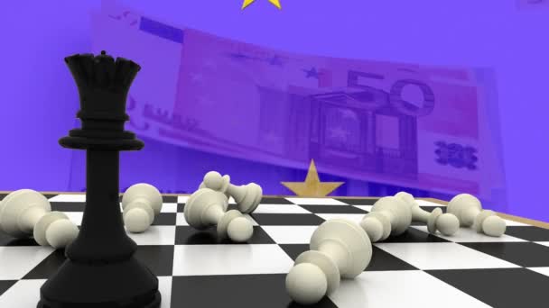 女王的动画和棋盘上掉落的棋子 欧洲联盟的旗帜 50欧元和100欧元放在桌上 数字合成 多重风险 爱国主义和竞争概念 — 图库视频影像
