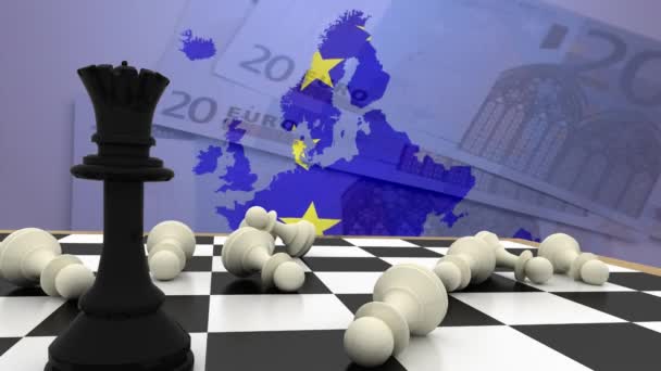 Animatie Van Koningin Gevallen Pionnen Schaakbord Met Europese Vlag Kaart — Stockvideo