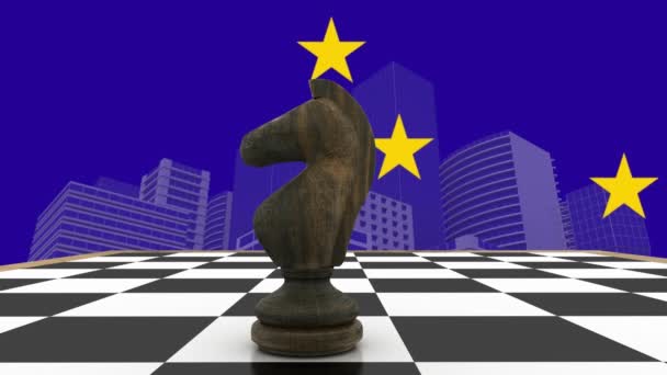 Анімація Лицаря Шаховій Дошці Європейський Прапор Союзу Будівлі Синьому Фоні — стокове відео