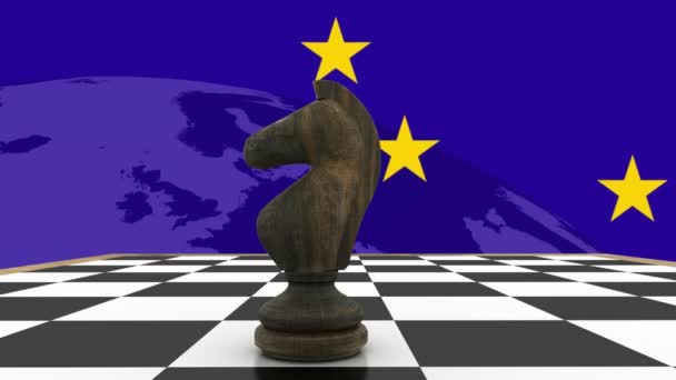 Arka Planda Avrupa Birliği Bayrağı Üzerinde Satranç Tahtasındaki Şövalye Animasyonu — Stok video