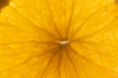 Dilimlenmiş turuncu ve fotokopi alanının mikro görüntüsü. Mikro fotoğrafçılık, yemek, doku ve renk kavramı.