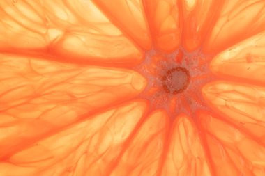 Dilimlenmiş kırmızı greyfurt ve fotokopi alanının mikro görüntüsü. Mikro fotoğrafçılık, yemek, doku ve renk kavramı.