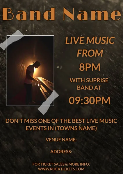 Composite of man playing piano and band name, live music from 8 pm with surprise band at 9 30 pm. Venue name, address, don\'t miss, music festival, art, event, poster, advertisement, template, design.