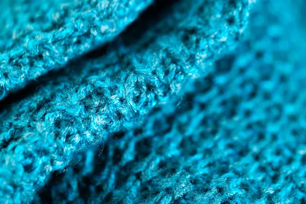 Micro Close Blue Crocheted Woolly Fabric Copy Space Micro Photography — Stock Photo, Image