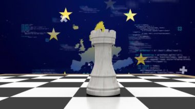 Satranç tahtasında kalenin animasyonu, bilgisayar dili ve Avrupa Birliği bayrağı üzerinde harita. Dijital bileşik, çoklu pozlama, küresel, vatanseverlik, özgürlük, hükümet ve rekabet konsepti.
