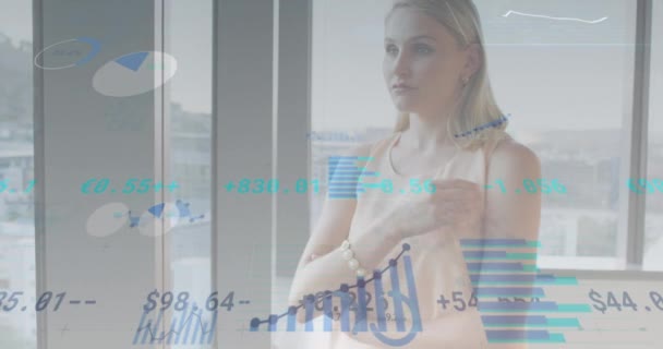 Animation Multiple Graphs Trading Board Thoughtful Caucasian Woman Looking Glass — Stock Video