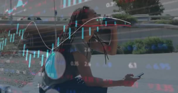 Animation Multiple Graphs Trading Board Biracial Woman Drinking Coffee Using — Stock Video