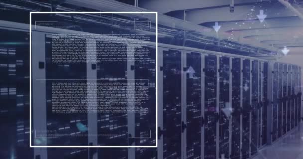コンピュータ言語のアニメーション データサーバーラック上のバー上の接続されたアイコン デジタル複合 複数の露出 コミュニケーション グローバル化 コーディング データセンター ネットワーキング テクノロジー — ストック動画