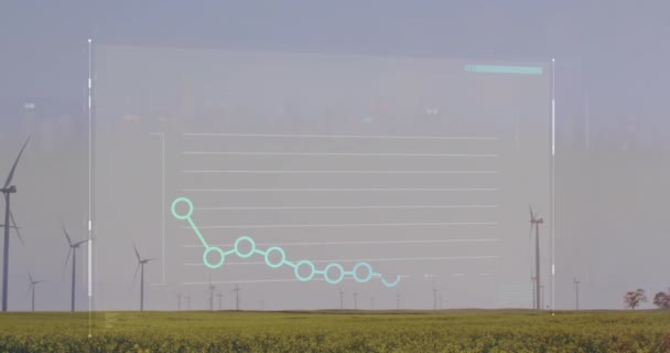 コネクテッドサークルのアニメーションは グリーンフィールド上の風車を回転させ 空に向かってグラフを形成します デジタル複合 複数の露出 レポート ビジネス グリーン 持続可能なエネルギーコンセプト — ストック動画