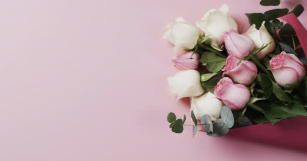 Відео Букет Білих Рожевих Троянд Копіювання Простору Рожевому Тлі Колір — стокове відео