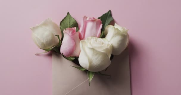 Video Svazku Bílých Růžových Růží Obálce Kopírovat Prostor Růžovém Pozadí — Stock video