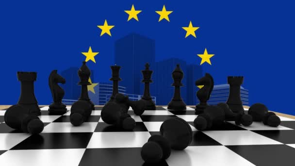 Animace Černých Šachových Figurek Evropské Unijní Vlajky Moderních Budov Modrém — Stock video