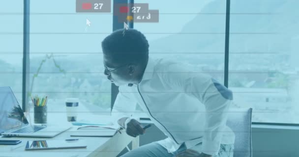 Animation Notification Bars Graphs Thoughtful African American Man Sitting Office — Stock Video