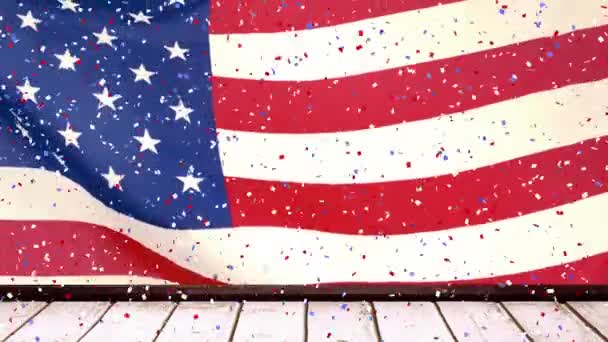 Animering Flerfärgade Konfetti Över Trä Plankor Mot Viftande Flagga Amerika — Stockvideo