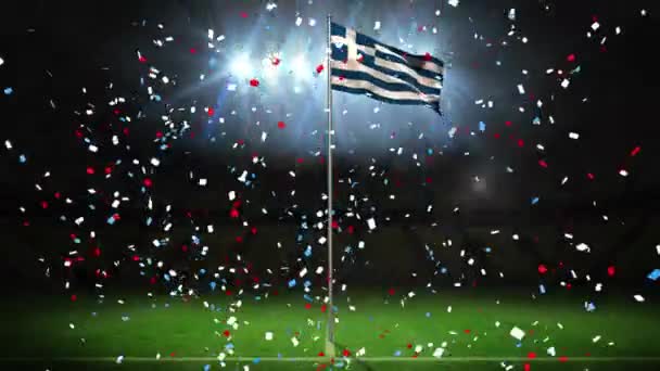 Animace Padajících Konfet Nad Vlnící Vlajkou Řecka Tyči Proti Světlům — Stock video