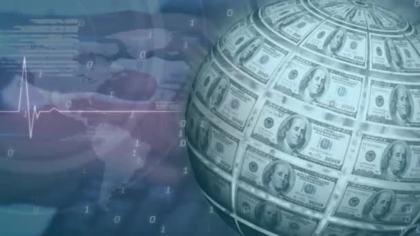 Animatie Van Binaire Codes Hartritme Dollarbiljetten Aardbol Handtypen Toetsenbord Digitale — Stockvideo