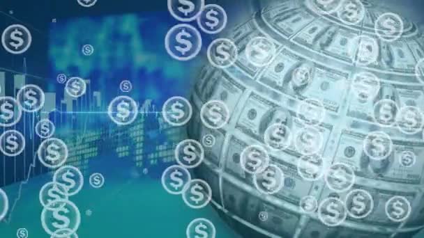 Animace Dolarového Symbolu Kruzích Dolarovými Bankovkami Zeměkouli Proti Grafům Obchodní — Stock video