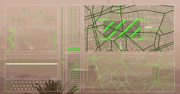 图片动画 加载圈 条形图 导航模式和计算机语言在现代城市 数字合成 多重曝光 架构和技术 — 图库视频影像