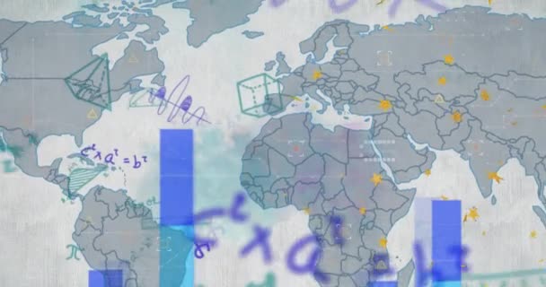 Grafik Animasyonu Matematiksel Denklemler Diyagramlar Soyut Arkaplana Karşı Harita Üzerinde — Stok video