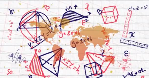 Animace Matematických Rovnic Diagramů Měřítky Nad Mapou Bílém Pozadí Digitálně — Stock video