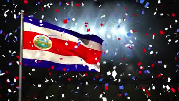 Animacja Spadającego Konfetti Nad Machającą Flagą Costa Rica Biegunie Przed — Wideo stockowe