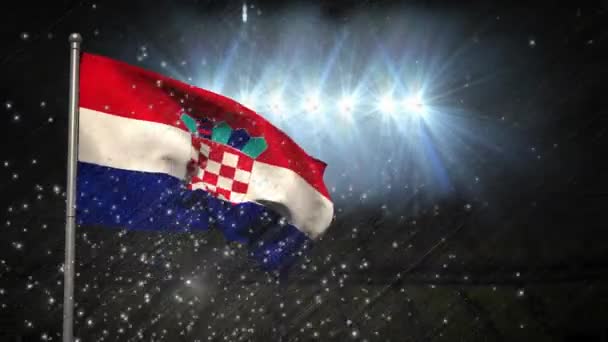 在体育场的灯光下 在杆子上挥动克罗地亚国旗上的发光粒子的动画 数字合成 多重曝光 政府和爱国主义概念 — 图库视频影像