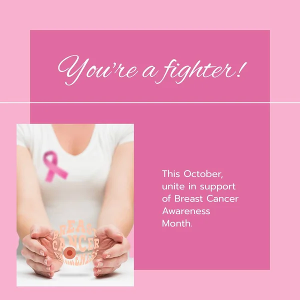 This october unite in support of breast cancer awareness month, caucasian woman with pink ribbon. Composite, you\'re a fighter, text, pink october, medical, healthcare, support and prevention.