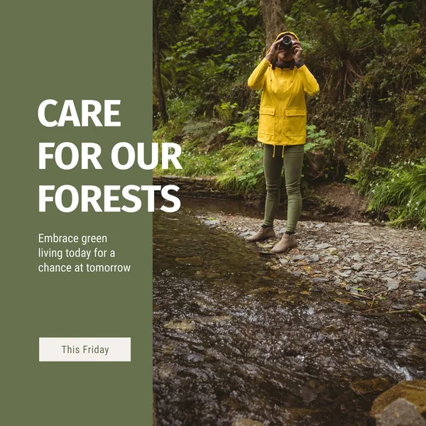 Composite of this friday, care for our forests text over biracial hiker photographing in forest. Embrace green living today for a chance at tomorrow, nature, awareness and protection concept.