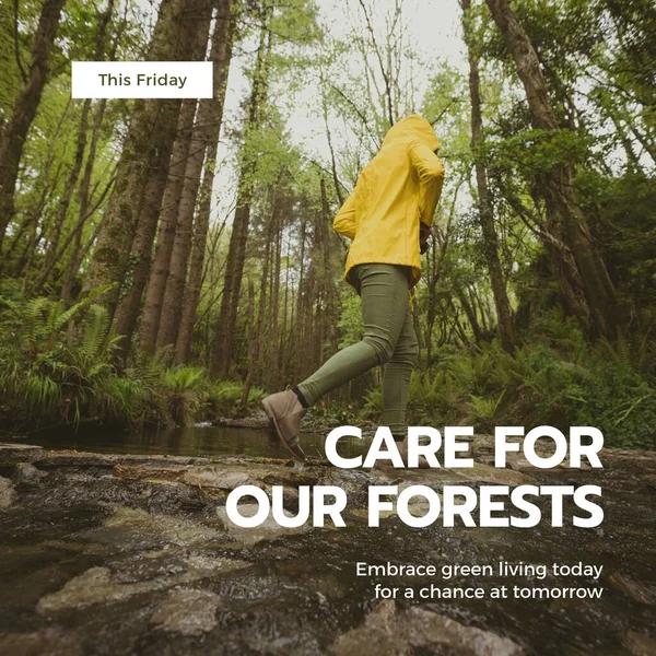 Composite of this friday, care for our forests text, hiker walking on rocks in forest. Embrace green living today for a chance at tomorrow, nature, awareness, protection, environmental conservation.