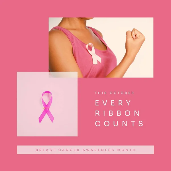 This october every ribbon counts text and biracial woman with pink ribbon flexing muscles. Composite, breast cancer awareness month, pink october, medical, healthcare, support and prevention.