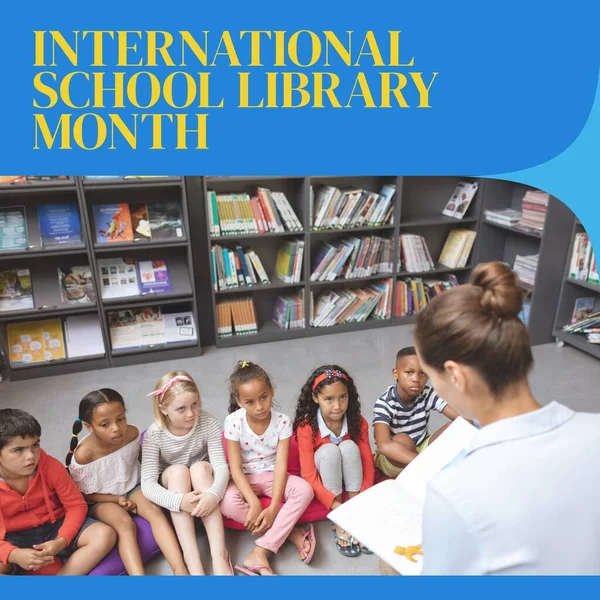 International school library month text and multiracial teacher reading book for children in library. Composite, childhood, school, student, education, knowledge, reading and celebration concept.