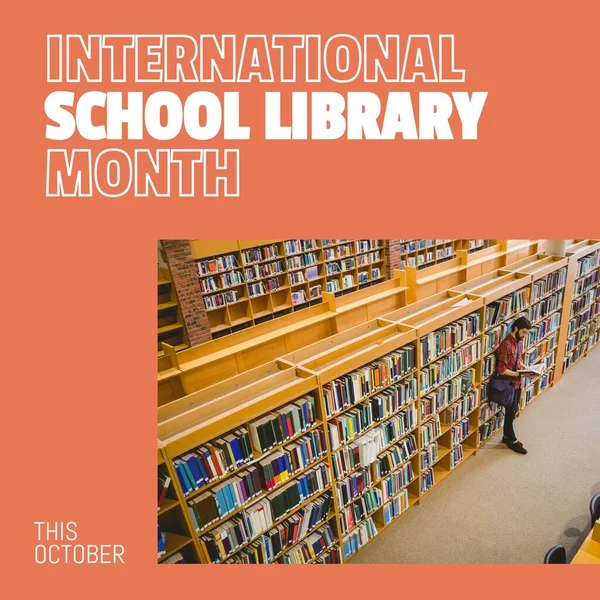Composite of this october, international school library month text and caucasian man reading book. Student, bookshelf, many, education, knowledge, reading and celebration concept.