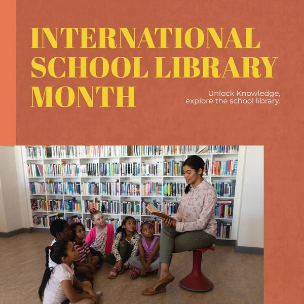 Samenstelling Van Internationale Schoolbibliotheek Maandtekst Diverse Leraar Lezen Boek Voor — Stockfoto