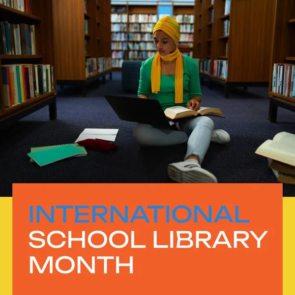 Samenstelling Van Internationale Schoolbibliotheek Maand Tekst Biracial Vrouw Hijab Met — Stockfoto