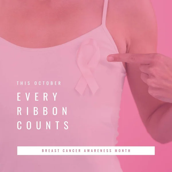 Composite of this october every ribbon counts text and caucasian woman pointing at pink ribbon. Copy space, breast cancer awareness month, pink october, medical, healthcare, support and prevention.