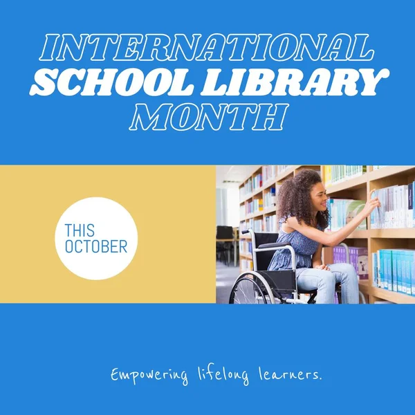 インターナショナルスクール図書館月間 車椅子に座って棚の本を探している女性 コンポジット この10月 生涯学習者に力を与える お祝い — ストック写真