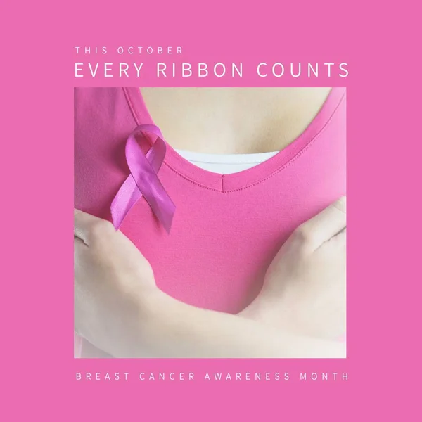 Composite of this october every ribbon counts text and caucasian woman with pink ribbon on breast. Copy space, breast cancer awareness month, pink october, medical, healthcare, support and prevention.