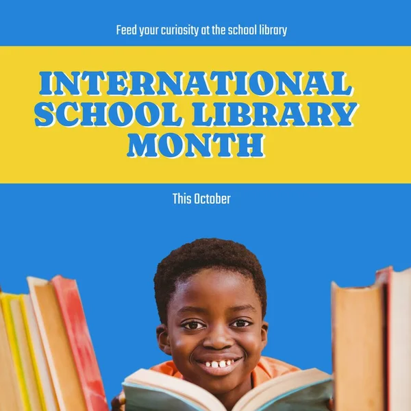 This october, international school library month text and african american smiling boy reading book. Composite, feed your curiosity at the school library, childhood, education, knowledge, celebrate.