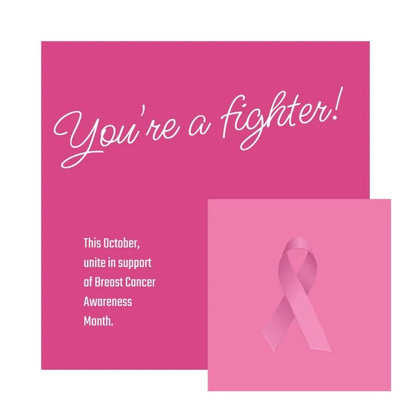 This october unite in support of breast cancer awareness month text with pink awareness ribbon. Composite, you\'re a fighter, pink october, medical, healthcare, support and prevention concept.