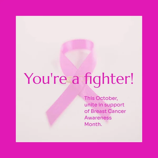 This october unite in support of breast cancer awareness month text, pink ribbon on white background. Composite, you\'re a fighter, pink october, medical, healthcare, support and prevention concept.
