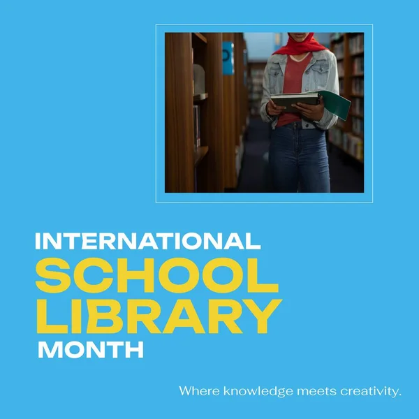 Midsection of biracial woman reading book in library and international school library month text. Composite, where knowledge meets creativity, education, reading, library and celebration concept.