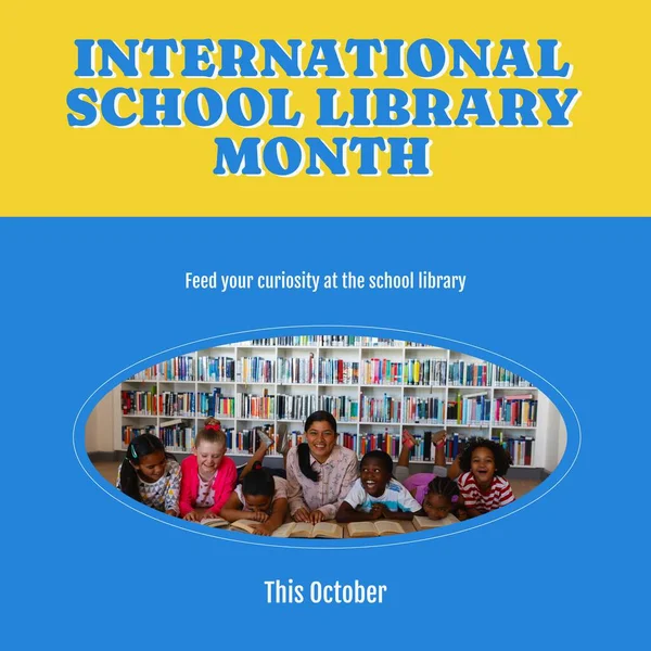 Composite of international school library month text and diverse teacher with children reading book. Feed your curiosity at the school library, childhood, education, this october, celebration.