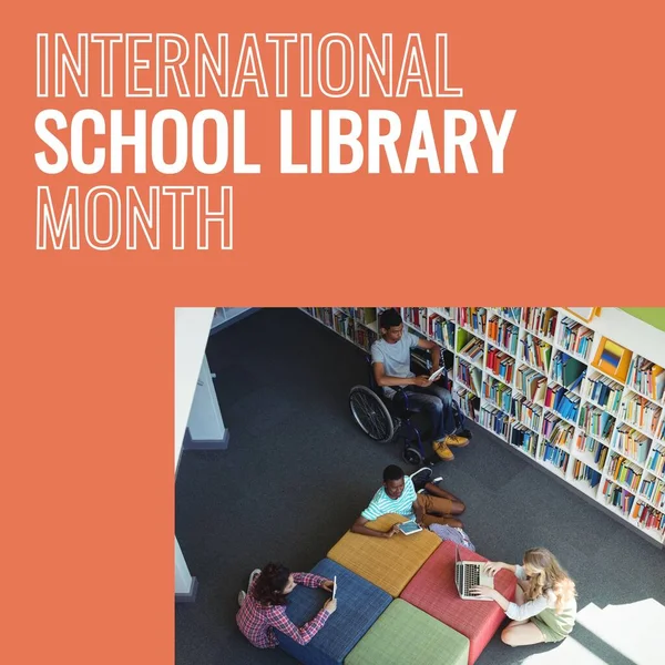 Composite of international school library month text and diverse teen students e-learning. Bookshelf, wheelchair, disable, tablet, school, childhood, education, laptop, celebration and technology.