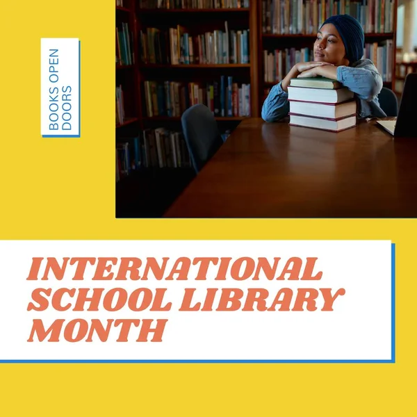 国際学校図書館の月刊テキストとヒジャーブの思考と本に残る女性 コンポジット オープンドア お祝いのコンセプト — ストック写真
